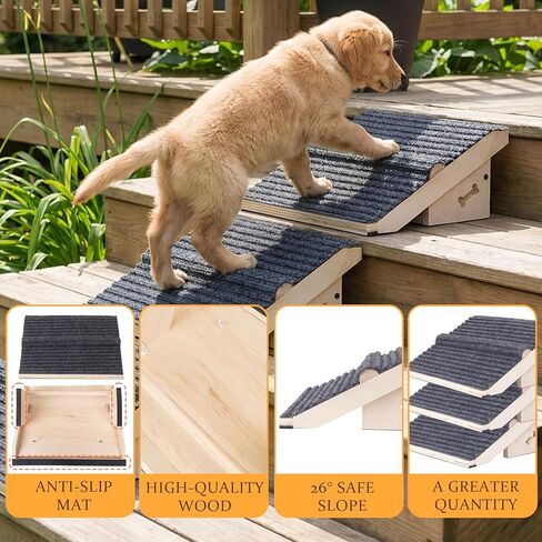 3 Pack Wooden Dog Ramp for Stairs,13L*9W*5H''+26°Slope,Fit for Stair 9-11D''5-7''H,Friendly to Short-Legged/Small/Injured/Aged Dogs with High Support,with Anti-Slip Pads for Climbing Safely in Kuwait