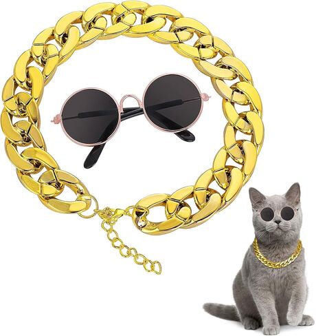 Molain Cat Sunglasses Gold Chain Costume Decorations- Cat UV Protection Classic Retro Puppy Retro Black Sunglasses Faux Gold Adjustable Chain Cosplay Costume Cool Funny Photo Props in Kuwait