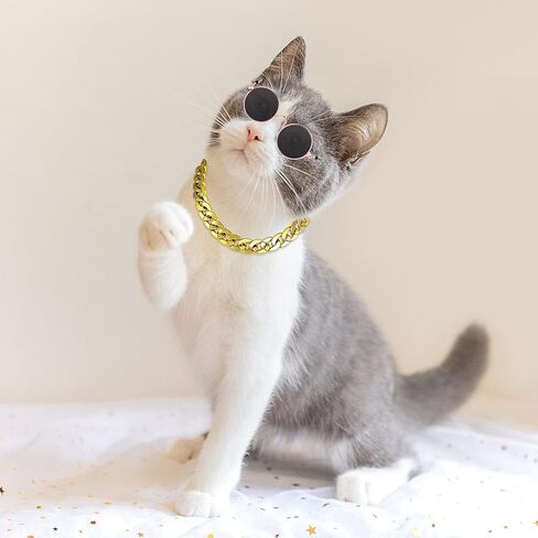 Molain Cat Sunglasses Gold Chain Costume Decorations- Cat UV Protection Classic Retro Puppy Retro Black Sunglasses Faux Gold Adjustable Chain Cosplay Costume Cool Funny Photo Props in Kuwait