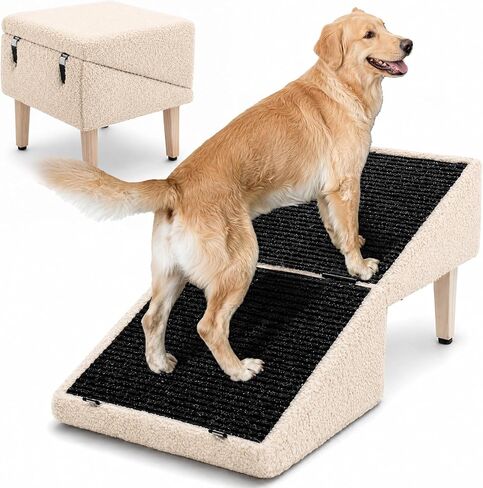 3-in-1 Dog Ramp with Storage 18.9"×17.7"×18.9", Dog Steps Anti-Slip, Foldable Pet Stairs, Ottoman Pet Ramp for Puppy Senior or Injured Dogs & Cats, Supports 220 lbs for Couch & Bed in Kuwait