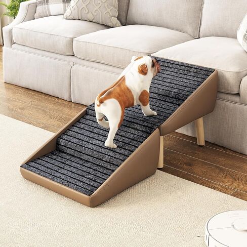 Dog Safety Ramps, Foldable 2-in-1 Wooden Pet Stairs & Ottoman, Solid Wood Anti-Slip Leather Pet Ramp, Split Ottoman Design, Pet Steps Indoor for Puppies, Senior Dogs, Cats(Coffee Color) in Saudi Arabia