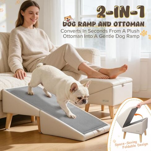 Dog Stairs for Small Dogs 16" H - Upgraded Non-Slip Dog Ramp for Couch, Foldable 2-in-1 Pet Ramp and Ottoman, Pet Stairs for Puppy, Pet Steps with Solid Wood Frame (Beige) in Kuwait