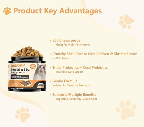 Cat Probiotics Tasty Chews –500 Chews Crunchy & Creamy Texture, with Fish Oil Omega-3 Skin & Coat Health Digestive & Gut Support, Constipation Relief, Healthy Stool, Chicken Flavor with Cheese Center in Kuwait