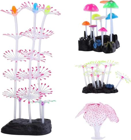 Swaying Coral Decor Set - 4-Pack: String, Starry, Feather & Mushroom Soft Silicone Aquarium Ornaments with Lifelike Motion for Freshwater & Saltwater Fish Tanks, Safe Fish Shrimp Habitat in Kuwait