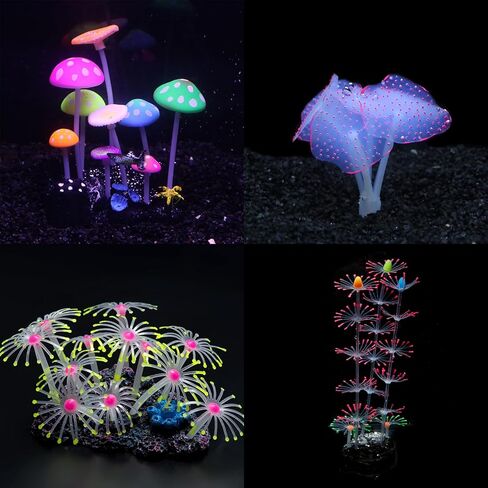 Swaying Coral Decor Set - 4-Pack: String, Starry, Feather & Mushroom Soft Silicone Aquarium Ornaments with Lifelike Motion for Freshwater & Saltwater Fish Tanks, Safe Fish Shrimp Habitat in Kuwait