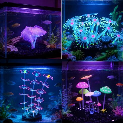 Swaying Coral Decor Set - 4-Pack: String, Starry, Feather & Mushroom Soft Silicone Aquarium Ornaments with Lifelike Motion for Freshwater & Saltwater Fish Tanks, Safe Fish Shrimp Habitat in Kuwait