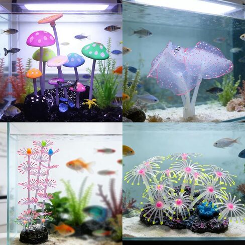 Swaying Coral Decor Set - 4-Pack: String, Starry, Feather & Mushroom Soft Silicone Aquarium Ornaments with Lifelike Motion for Freshwater & Saltwater Fish Tanks, Safe Fish Shrimp Habitat in Kuwait