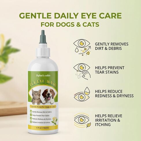 Dylan's cabin Dog Eye Cleaner Wash - Daily Tear Stain Care Eye Drops Clean Dirt Debris Tear Residue, pH-Balanced Formula with Glycerin, Honeysuckle Extract Lutein, 6 fl oz in Kuwait