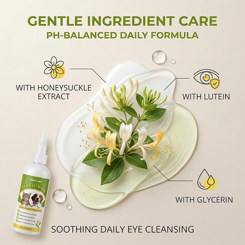 Dylan's cabin Dog Eye Cleaner Wash - Daily Tear Stain Care Eye Drops Clean Dirt Debris Tear Residue, pH-Balanced Formula with Glycerin, Honeysuckle Extract Lutein, 6 fl oz in Kuwait