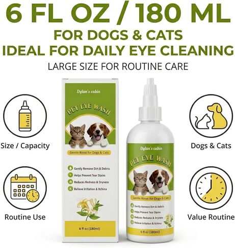Dylan's cabin Dog Eye Cleaner Wash - Daily Tear Stain Care Eye Drops Clean Dirt Debris Tear Residue, pH-Balanced Formula with Glycerin, Honeysuckle Extract Lutein, 6 fl oz in Kuwait