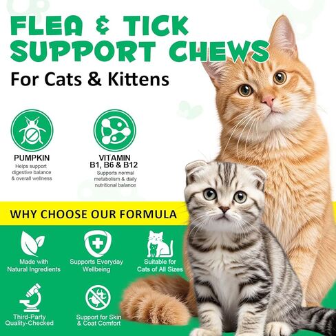 Specifically Formulated for Cats, Chewable Tablets for Cats & Kittens, Daily Support for Flea & Tick Defense, Immune Health & Gut Care, All Breeds & Ages, 30 Chewable Supplements in Kuwait