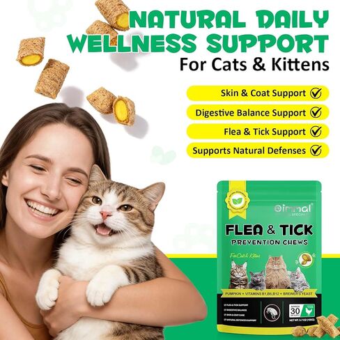 Specifically Formulated for Cats, Chewable Tablets for Cats & Kittens, Daily Support for Flea & Tick Defense, Immune Health & Gut Care, All Breeds & Ages, 30 Chewable Supplements in Kuwait