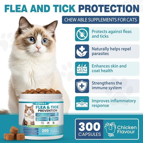 Chewable Flea Treatment for Cats Flea and Tick Prevention for Cats Chewables Fleas Chewables for Cat of All Breeds and Ages 300 Chewable Tablets in Kuwait