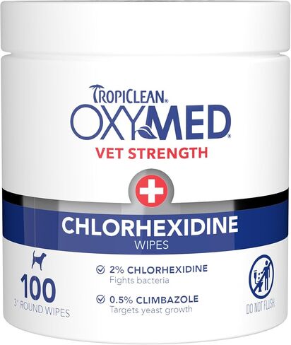 TropiClean OxyMed Chlorhexidine Dog Wipes, Gentle & Effective Dog Skin Irritation Treatment, Cleaning & Deodorizing Chlorhexidine Wipes, Cat Friendly, 100 Count in Kuwait