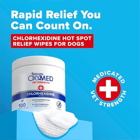TropiClean OxyMed Chlorhexidine Dog Wipes, Gentle & Effective Dog Skin Irritation Treatment, Cleaning & Deodorizing Chlorhexidine Wipes, Cat Friendly, 100 Count in Kuwait