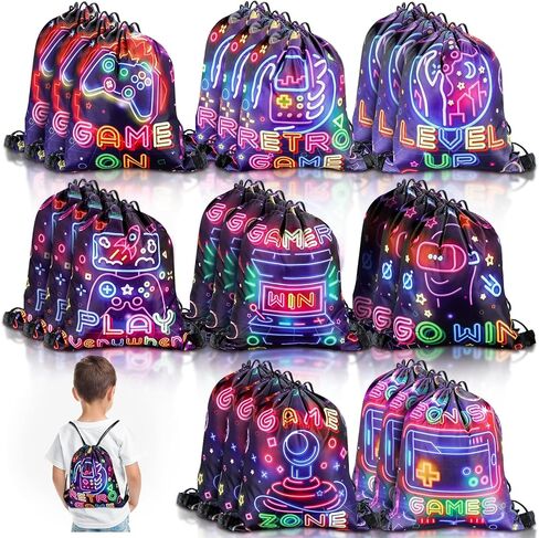 Huhumy 24 Pcs Video Game Party Favor Bag Neon Video Game Party Drawstring Bags 12 x 10 Inch for Boys Girls Game on Theme Loot Party Supplies Gifts Game Goodie Treat Candy Bags for Kid Birthday Party in Saudi Arabia