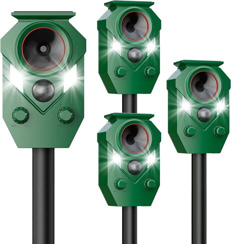 4 Pack Solar Deer Repellent Devices with Motion Sensor & LED Lights, Waterproof Cat Repellent Outdoor, Ultrasonic Animal Repeller Repels Dog, Raccoon, Skunk, Coyote for Garden, Yard & Lawn in Kuwait