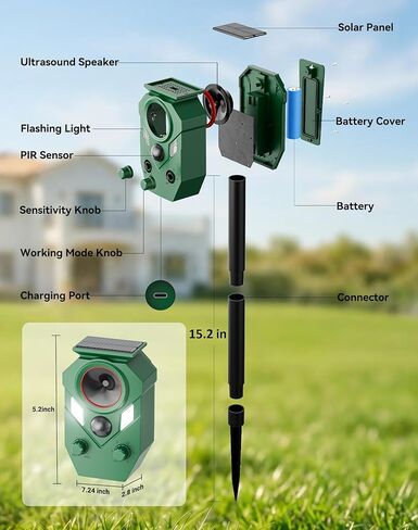 4 Pack Solar Deer Repellent Devices with Motion Sensor & LED Lights, Waterproof Cat Repellent Outdoor, Ultrasonic Animal Repeller Repels Dog, Raccoon, Skunk, Coyote for Garden, Yard & Lawn in Kuwait