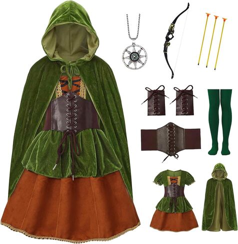 7 Pcs Archer Costume for Girls Medieval Renaissance Hunter Dress Costume with Cape in Saudi Arabia