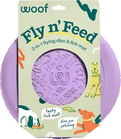 WOOF Fly n 'Feed - قرص طائر وحصيرة لعق للكلاب - مطاط متين صديق للأسنان - لعبة تفاعلية للكلاب للجلب وتوزيع الحلوى والإثراء - لافندر in Kuwait