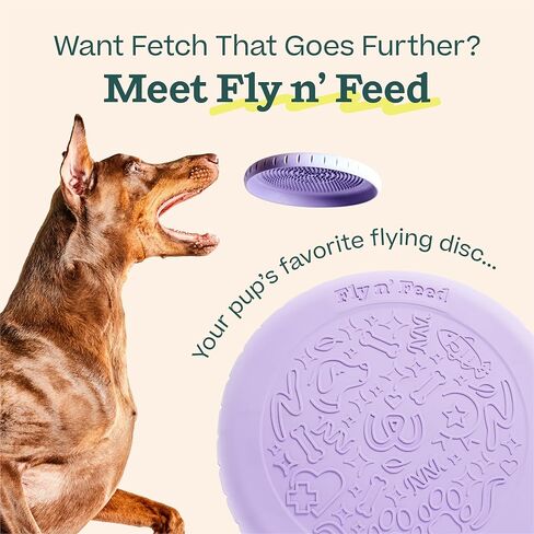 WOOF Fly n 'Feed - قرص طائر وحصيرة لعق للكلاب - مطاط متين صديق للأسنان - لعبة تفاعلية للكلاب للجلب وتوزيع الحلوى والإثراء - لافندر in Kuwait
