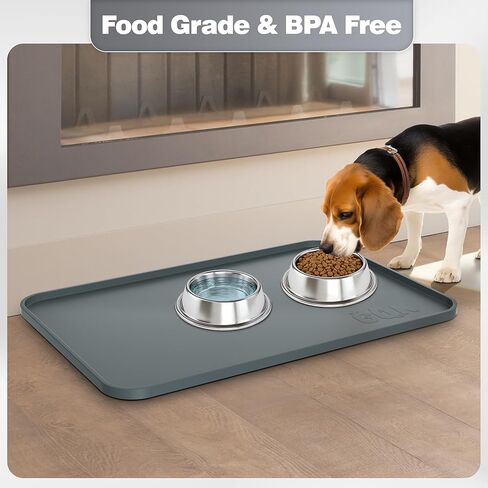 Silicone Dog & Cat Food Mat with Raised Edge, 24"x16" Extra Thick Waterproof Non-Slip Pet Feeding for Food and Water Bowls, Spill Proof Mat to Protect Floors, BPA Free Dishwasher-Safe,Gray in Kuwait