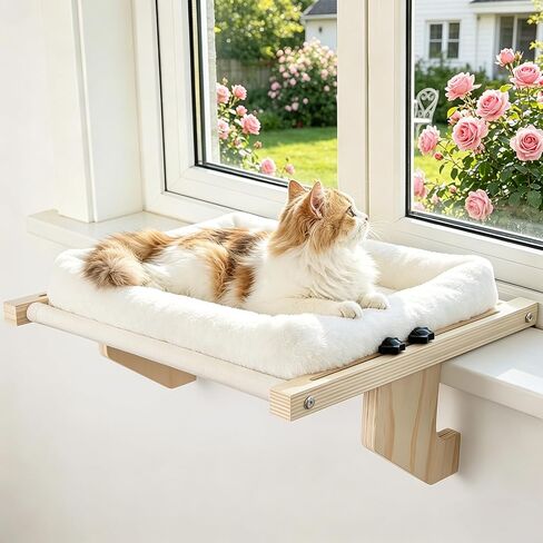 Cat Sill Window Perch - 100% Natural Pine Frame, Soft Rabbit Fur Cushion, Tool-Free Adjustment, Supports 50 lbs (Large-White) in Kuwait