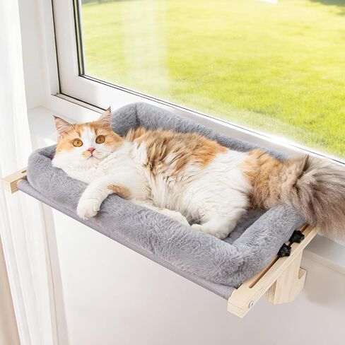 Cat Sill Window Perch - 100% Natural Pine Frame, Soft Rabbit Fur Cushion, Tool-Free Adjustment, Supports 50 lbs (Large-White) in Kuwait