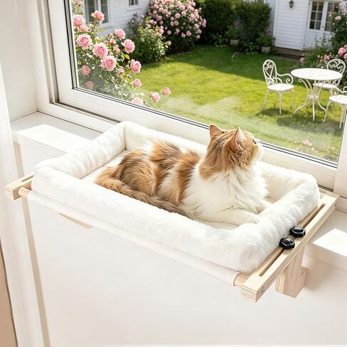 Cat Sill Window Perch - 100% Natural Pine Frame, Soft Rabbit Fur Cushion, Tool-Free Adjustment, Supports 50 lbs (Large-White) in Kuwait