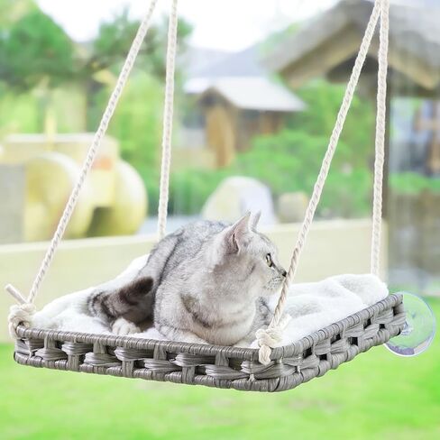 SETVSON Cat Window Perch Cat Window Hammock Bed for Indoor Cats, Large Handwoven PE Rattan Window Seat, 4 Suction Cups, Double Sided Washable Cushion Bed, 2.3 Inch Fence Shelf, for Pet Kittens Natural in Kuwait