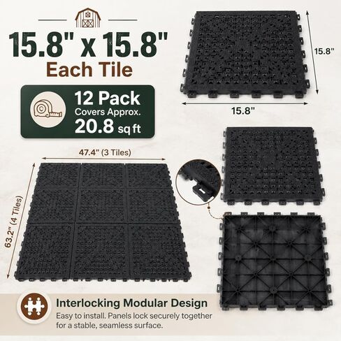 12 Pcs 4 x 5 ft Horse Stall Mats Plastic Stable Mat Interlocking Horse Stall Mats Drainage Flooring Waterproof Non-slip Easy Clean for Horses Stable Barn Farm Cattle Sheep Pig Kennels Garages in Kuwait