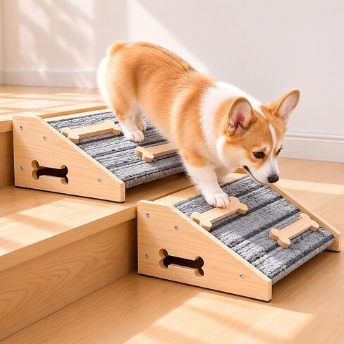 2-Pack Wooden Dog Ramp for Stairs - Natural Pine Wood Pet Step Ramp with Anti-Slip Bone Strips & Felt Padding, Stair Wedge for Small Medium Dogs, Indoor Home Safety Access for Injured Dogs in Kuwait