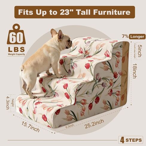 Dog Stairs for Bed & Couch 18" H, 4-Step Extra Long Dog Steps for Bed with 30D Foam, Country Style Pet Stairs for Small Dogs and Older Cats, Beige in Kuwait