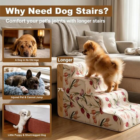 Dog Stairs for Bed & Couch 18" H, 4-Step Extra Long Dog Steps for Bed with 30D Foam, Country Style Pet Stairs for Small Dogs and Older Cats, Beige in Kuwait