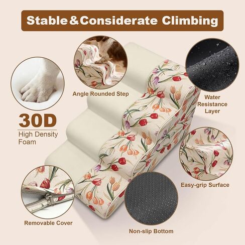 Dog Stairs for Bed & Couch 18" H, 4-Step Extra Long Dog Steps for Bed with 30D Foam, Country Style Pet Stairs for Small Dogs and Older Cats, Beige in Kuwait