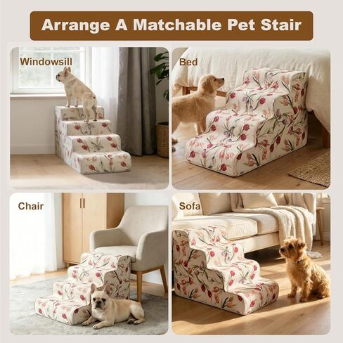 Dog Stairs for Bed & Couch 18" H, 4-Step Extra Long Dog Steps for Bed with 30D Foam, Country Style Pet Stairs for Small Dogs and Older Cats, Beige in Kuwait