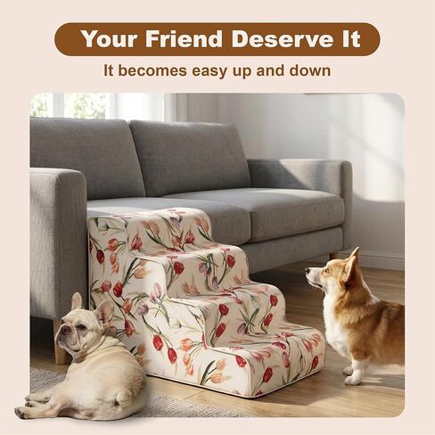 Dog Stairs for Bed & Couch 18" H, 4-Step Extra Long Dog Steps for Bed with 30D Foam, Country Style Pet Stairs for Small Dogs and Older Cats, Beige in Kuwait