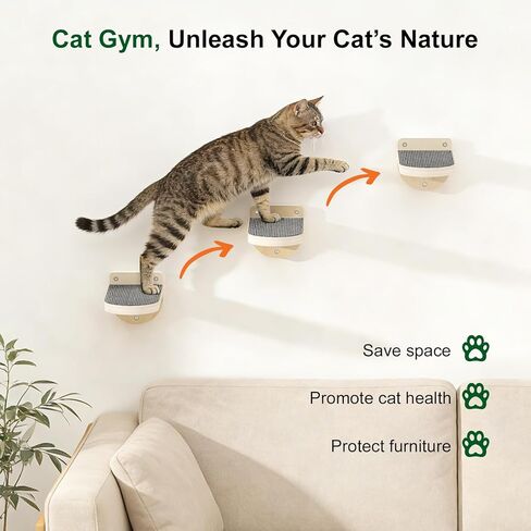 TIMHAKA 3 Pcs Cat Wall Shelves, Wooden Kitten Wall Climber for Indoor Cats, Cat Wall Step with Non-Slip Carpet for Climbing, Jumping & Playing in Kuwait
