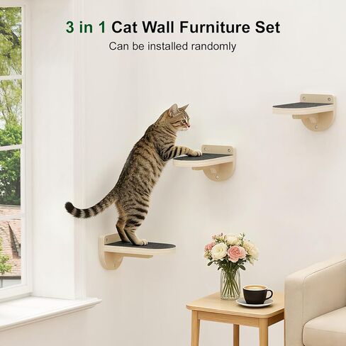 TIMHAKA 3 Pcs Cat Wall Shelves, Wooden Kitten Wall Climber for Indoor Cats, Cat Wall Step with Non-Slip Carpet for Climbing, Jumping & Playing in Kuwait