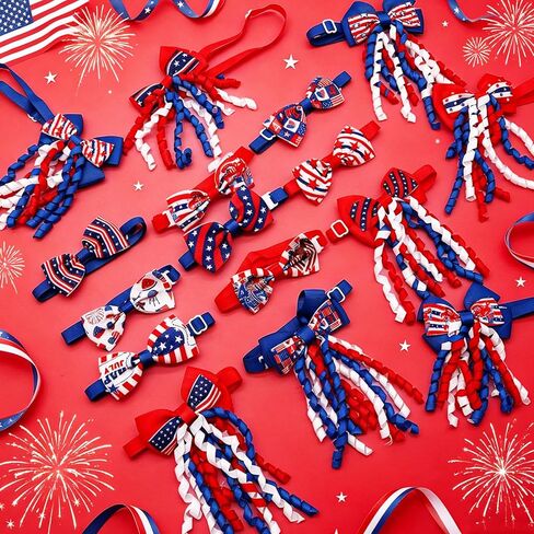 16 Pcs 4th of July Dog Bow Collars with Adjustable Slide Buckle, Bow Ties for Small Medium Dogs, Independence Day Puppy Grooming Accessories for Parades, Parties & Festivals in Kuwait