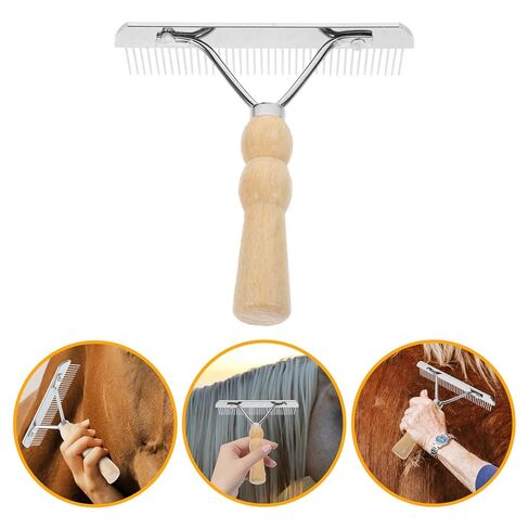 SEWACC Undercoat Grooming Rake with Anti-slip Wooden Handle, Long-tooth Metal Brush Stainless Steel Shedding Comb for Big Dogs Long-haired Cats Horse in Kuwait
