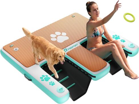 FBSPORT Inflatable Dog Boat Ramp with Double Water Ladders, 62"x59" Non-Slip EVA Covered Floating Ladder Dog Water Ramp for Pets and Adults - 400 lbs Capacity in Kuwait