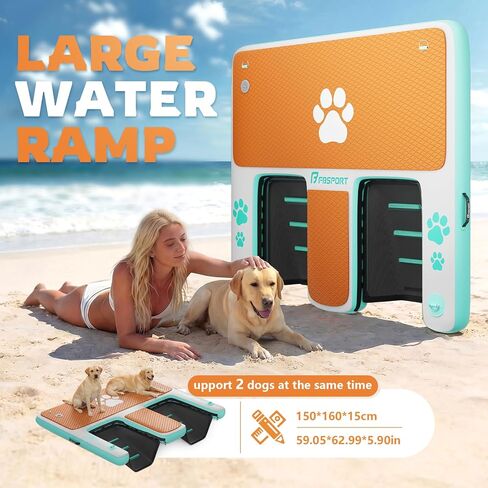 FBSPORT Inflatable Dog Boat Ramp with Double Water Ladders, 62"x59" Non-Slip EVA Covered Floating Ladder Dog Water Ramp for Pets and Adults - 400 lbs Capacity in Kuwait