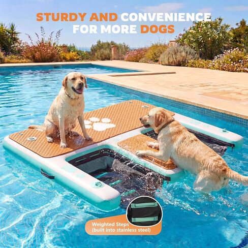 FBSPORT Inflatable Dog Boat Ramp with Double Water Ladders, 62"x59" Non-Slip EVA Covered Floating Ladder Dog Water Ramp for Pets and Adults - 400 lbs Capacity in Kuwait
