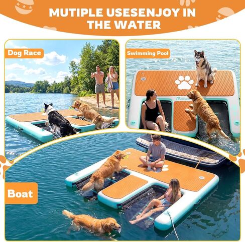 FBSPORT Inflatable Dog Boat Ramp with Double Water Ladders, 62"x59" Non-Slip EVA Covered Floating Ladder Dog Water Ramp for Pets and Adults - 400 lbs Capacity in Kuwait