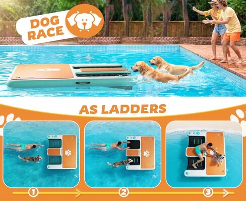 FBSPORT Inflatable Dog Boat Ramp with Double Water Ladders, 62"x59" Non-Slip EVA Covered Floating Ladder Dog Water Ramp for Pets and Adults - 400 lbs Capacity in Kuwait