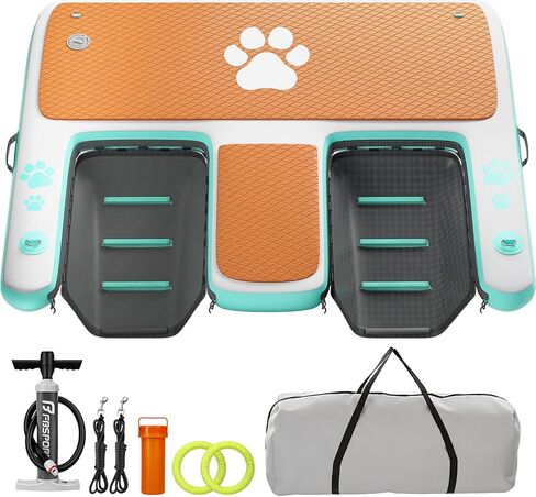 FBSPORT Inflatable Dog Boat Ramp with Double Water Ladders, 62"x59" Non-Slip EVA Covered Floating Ladder Dog Water Ramp for Pets and Adults - 400 lbs Capacity in Kuwait
