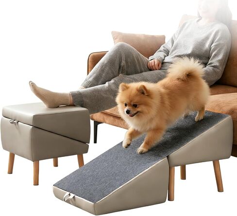 Split Ottoman Dog Ramp for Couch, 17.52" H Dog Stairs for Small Dogs and Cats, Foldable Pet Steps for Puppy and Medium/Senior Dogs,Non-Slip and Portable (Light Yellow) in Saudi Arabia