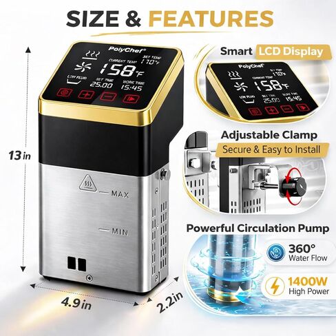 طباخ Sous Vide التجاري بقدرة 1400 وات، جهاز تدوير غمر مع تحكم دقيق في درجة الحرارة ومؤقت، شاشة LCD كبيرة، مقاومة للماء IPX7، مضخة تسخين سريعة، آلة Sous Vide للاستخدام المنزلي والتجاري in Kuwait