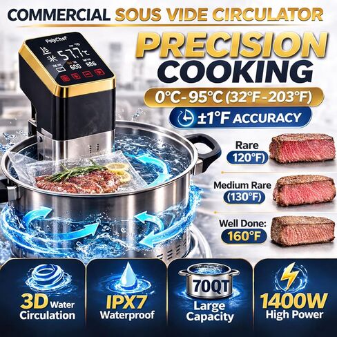 طباخ Sous Vide التجاري بقدرة 1400 وات، جهاز تدوير غمر مع تحكم دقيق في درجة الحرارة ومؤقت، شاشة LCD كبيرة، مقاومة للماء IPX7، مضخة تسخين سريعة، آلة Sous Vide للاستخدام المنزلي والتجاري in Kuwait